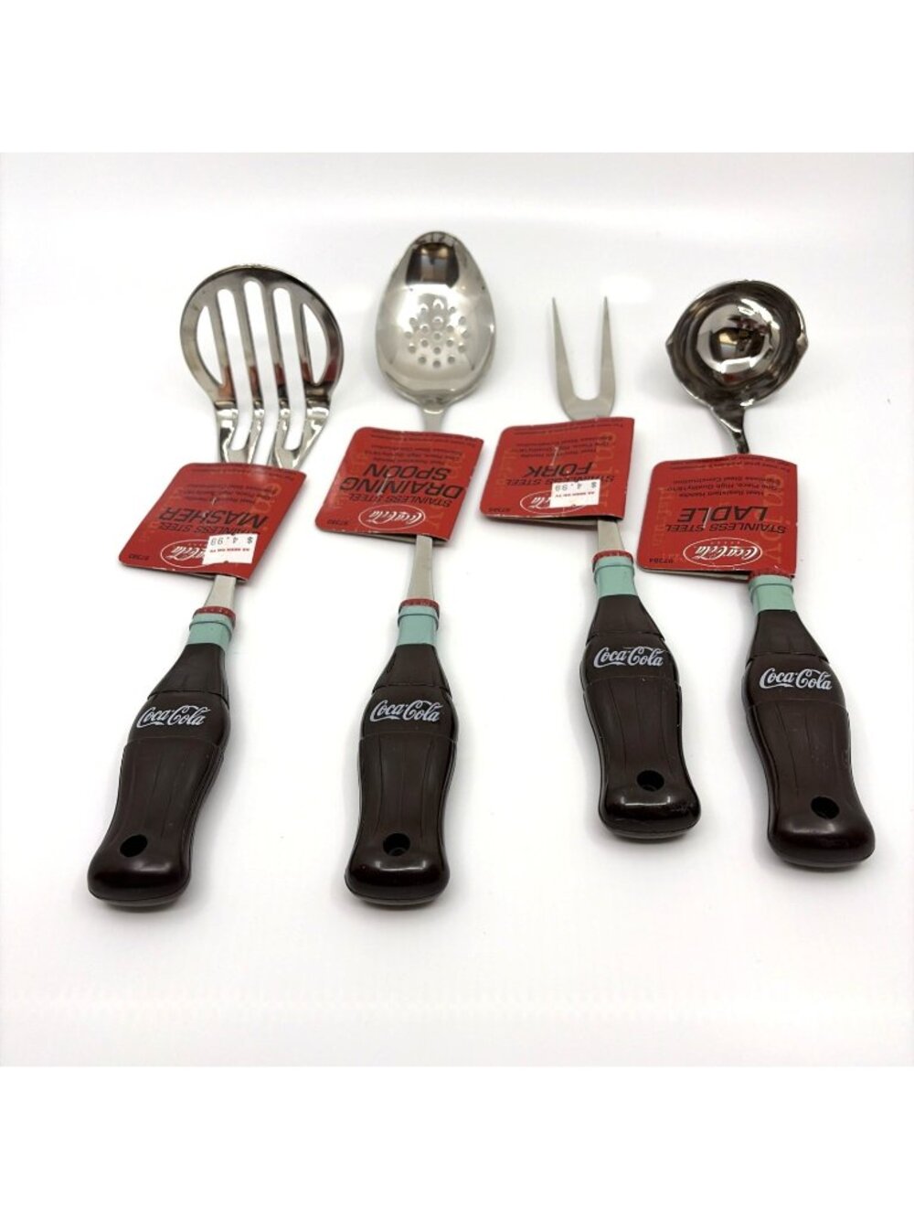 Coca-Cola 4 Pc Bottle Handle Kitchen Utensil Set Spoon Ladle Fork Masher Vintage